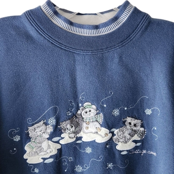 Y2K Cottagecore Cat Sweatshirt Vintage 90s Blue Embroidered Winter Pullover Sz S - Picture 3 of 10